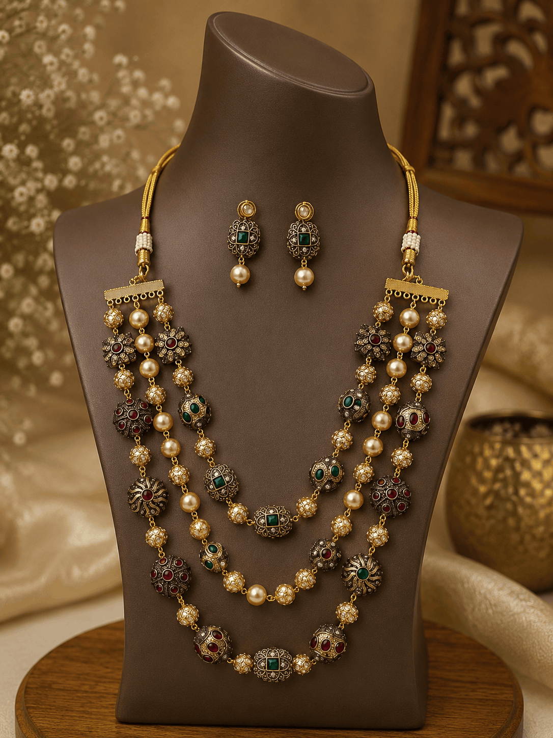 Gold-tone mala necklace set with green stones and pearls, with vertical drop earrings