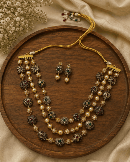 Gold-tone 3-layer mala necklace set with green stones, pearls, and matching earrings