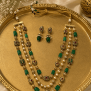 Gold-tone 3-layer mala necklace with green stones and pearls, plus stud earrings