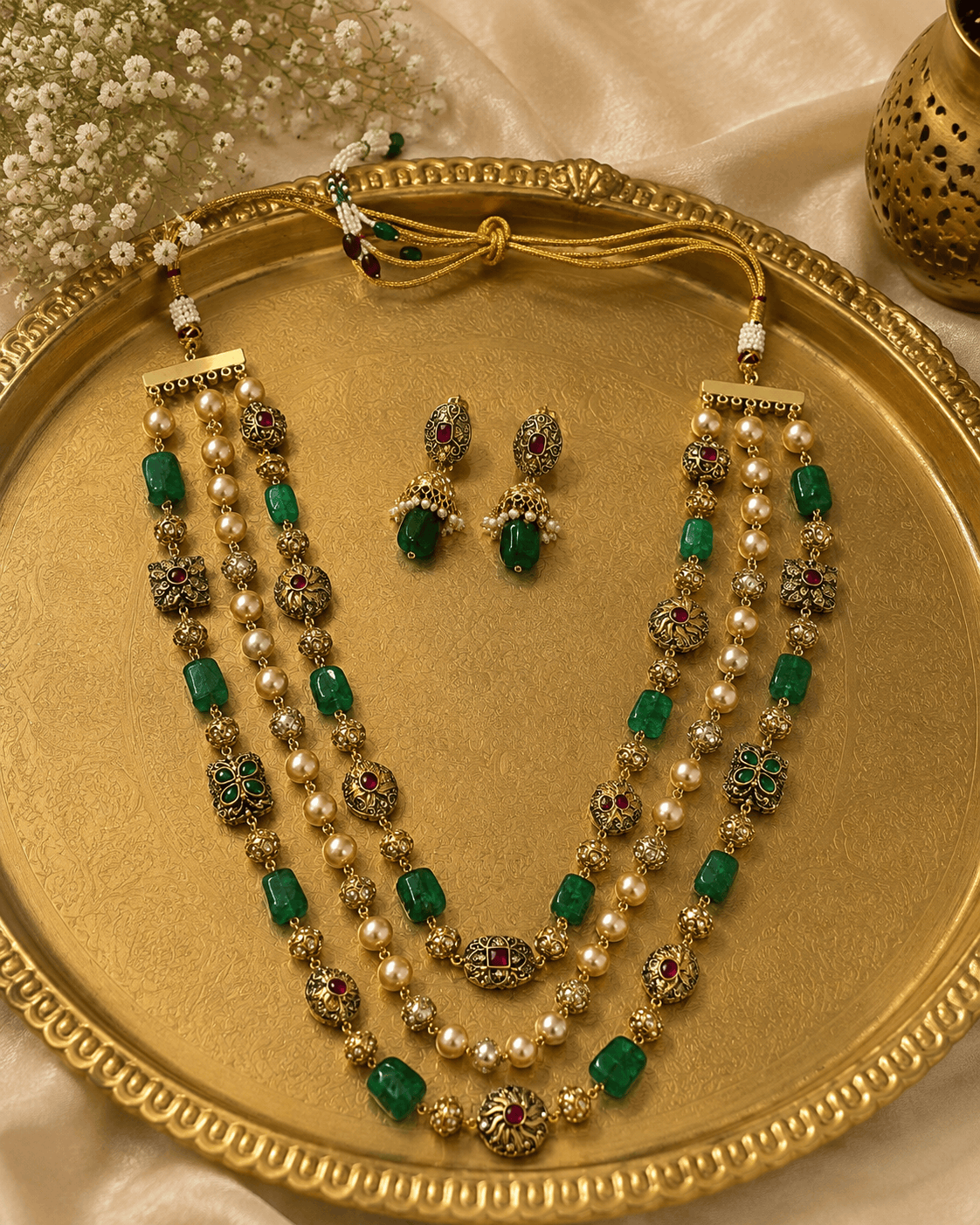 Gold-tone 3-layer mala necklace with green stones and pearls, plus stud earrings