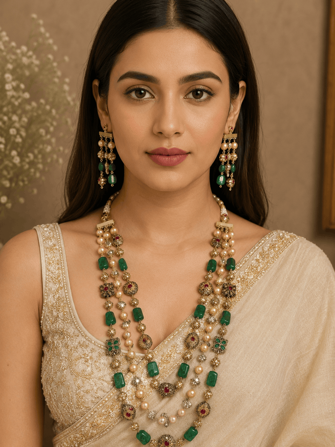 Gold-tone mala necklace with green stone clusters, pearl drops, and dangling earrings