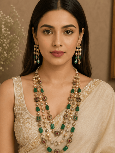 Gold-tone mala necklace with green stone clusters, pearl drops, and dangling earrings