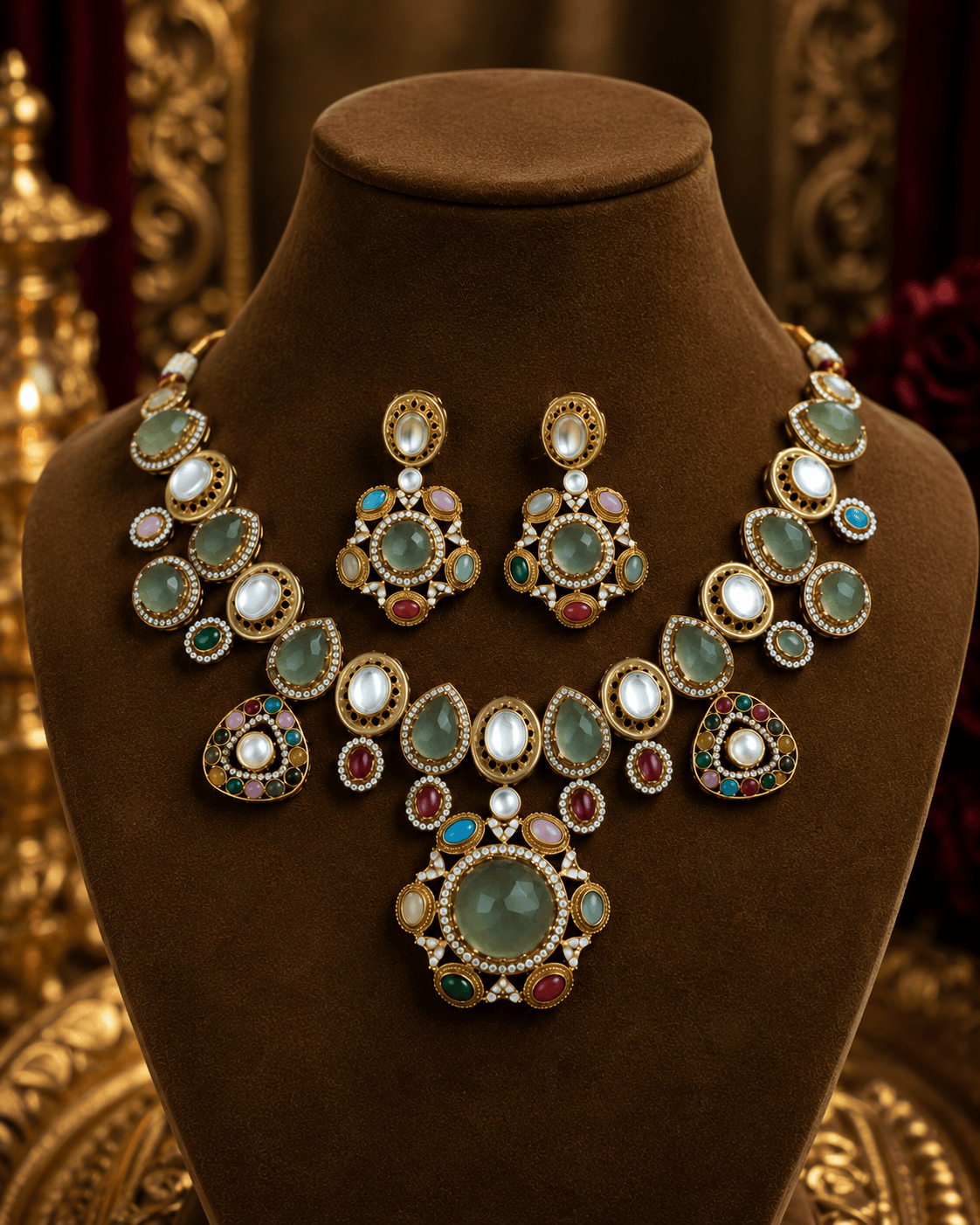 Gold-tone necklace set with green center pendant, oval drops, and matching earrings