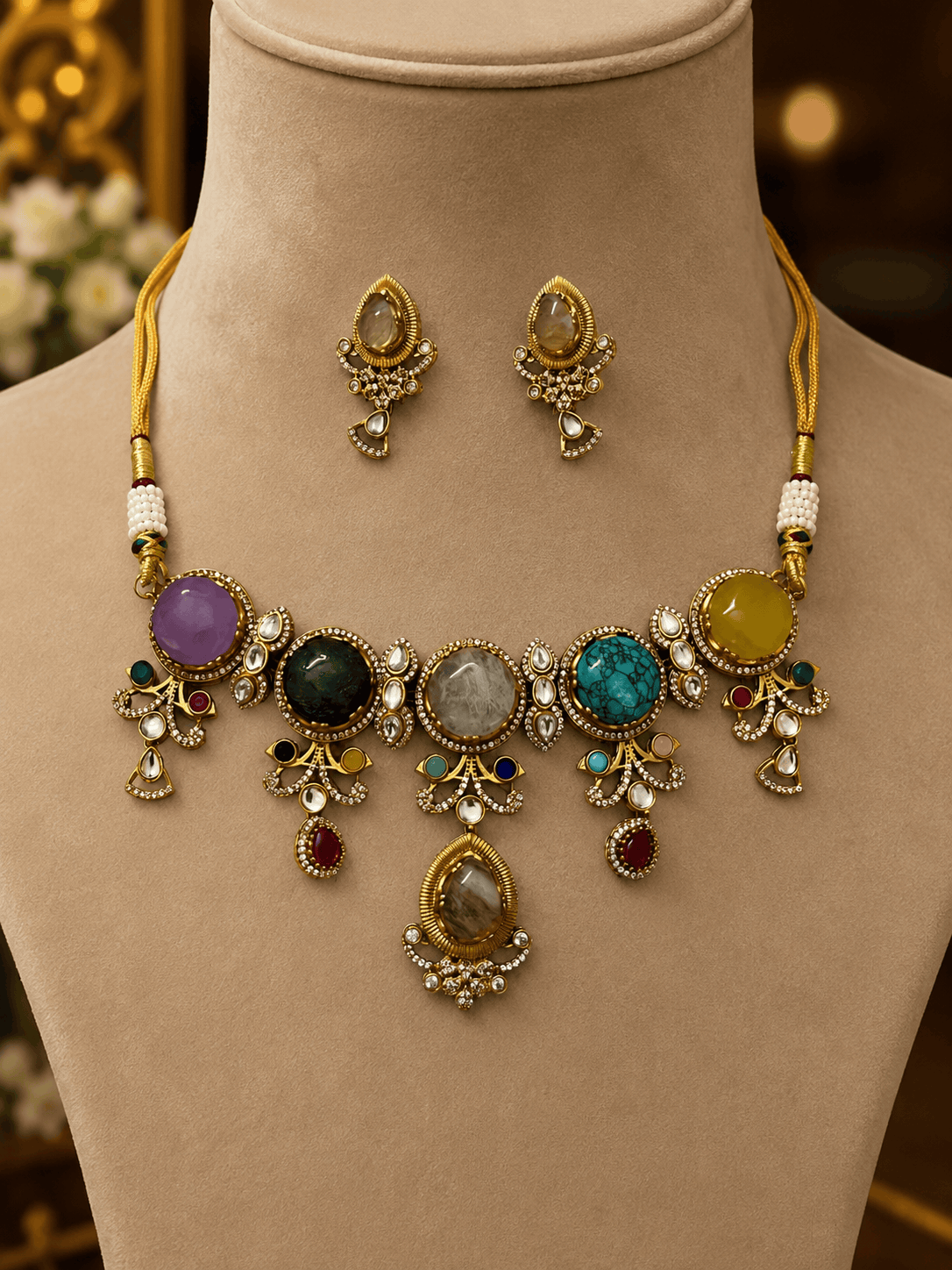 Gold-tone necklace set on bust with oval and round colored stones and dangling charms