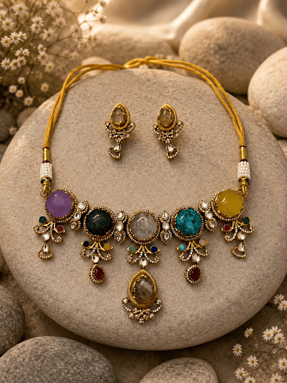 Gold-tone statement necklace and stud earrings with purple, blue, and black stones