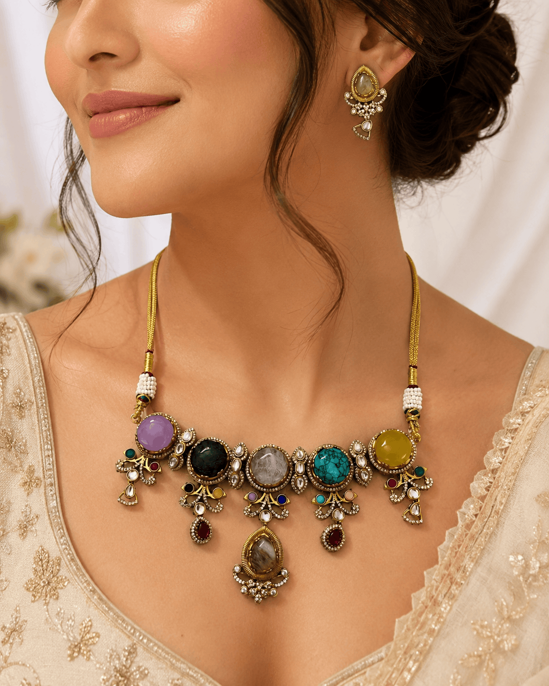 Gold-tone statement necklace and matching earrings close-up with colorful center stones