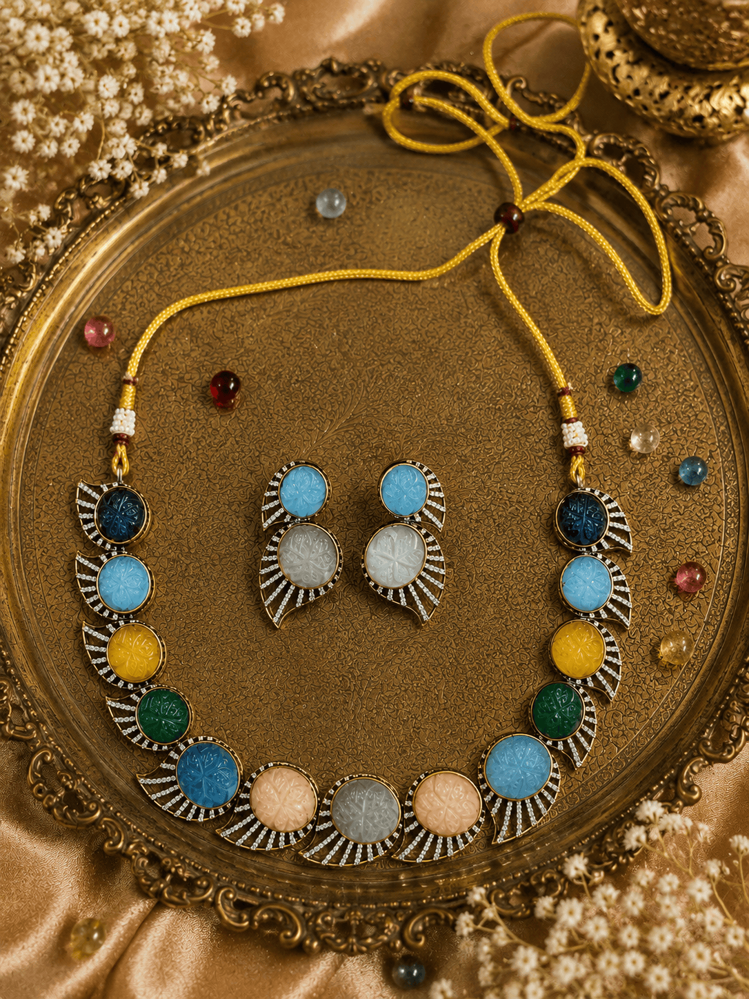 Multicolor beaded stone necklace set with matching earrings, gold-tone accents