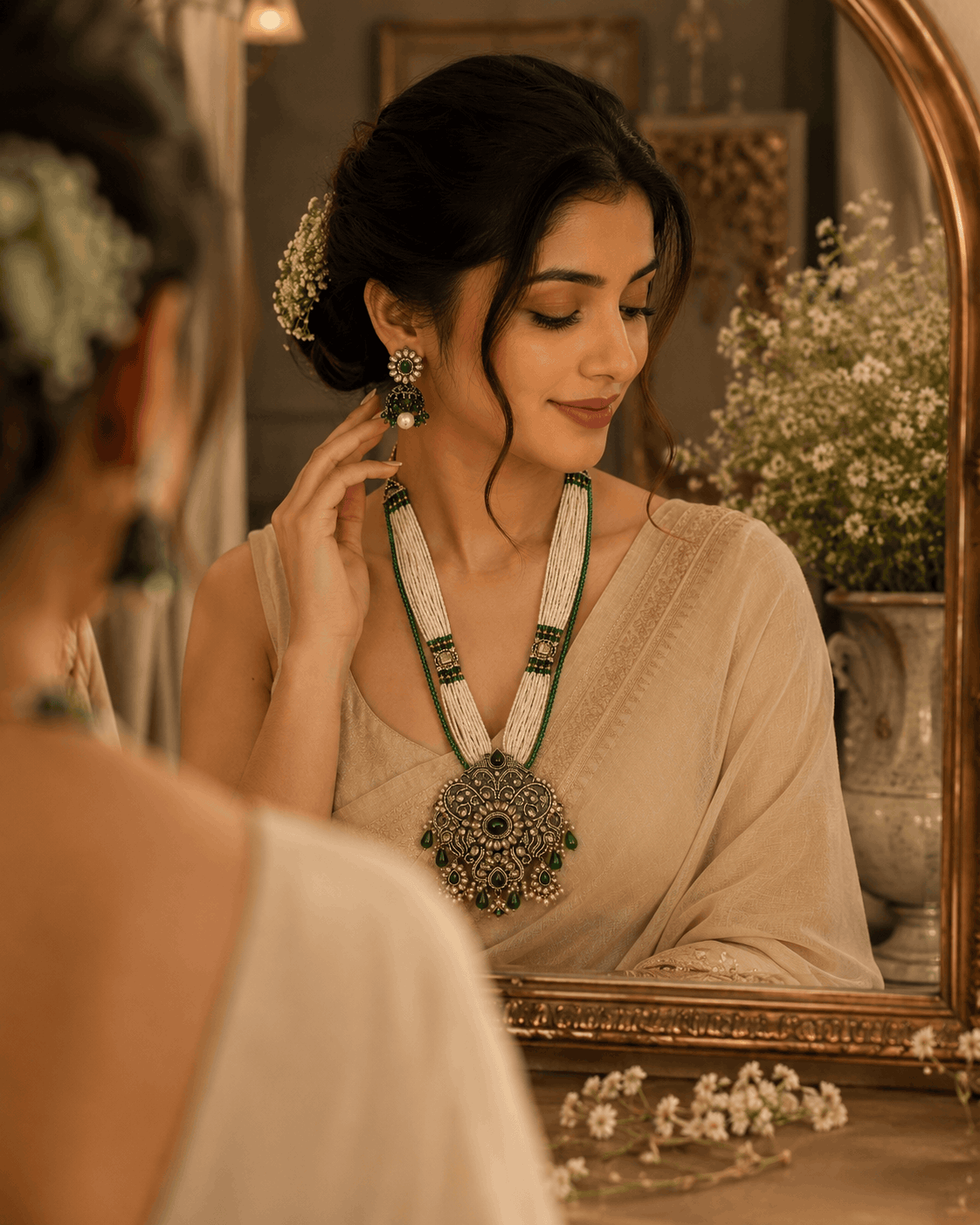 Emerald green layered necklace with ornate circular pendant and dangling earrings