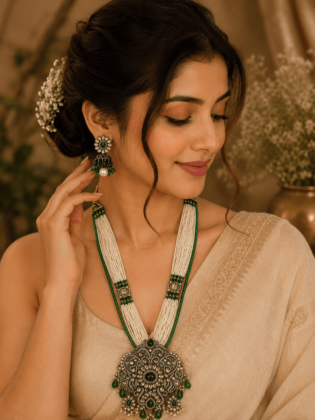 Emerald green beaded necklace set with large round pendant and matching drop earrings