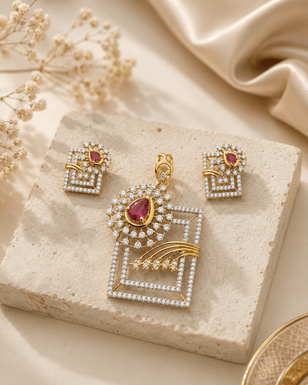 Gold-tone ruby red pendant and stud earring set with geometric square design