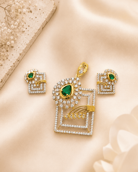 Gold-tone emerald green pendant set with square lattice pendant and matching earrings
