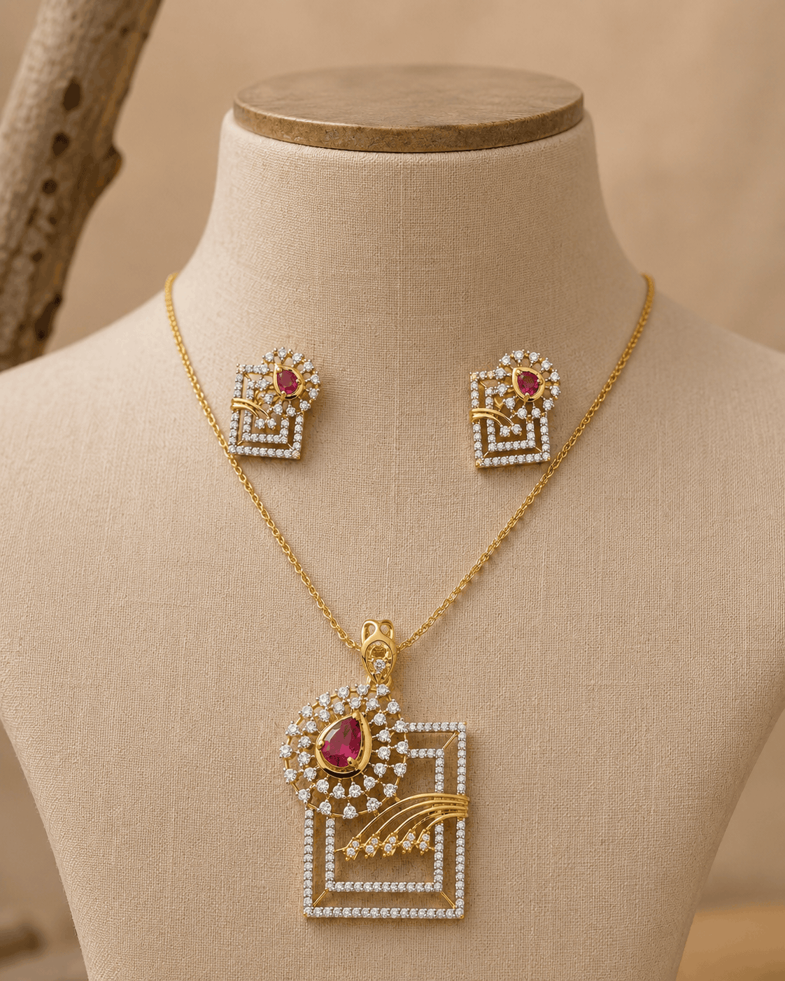 Gold-tone ruby red pendant necklace with matching stud earrings, geometric square motif