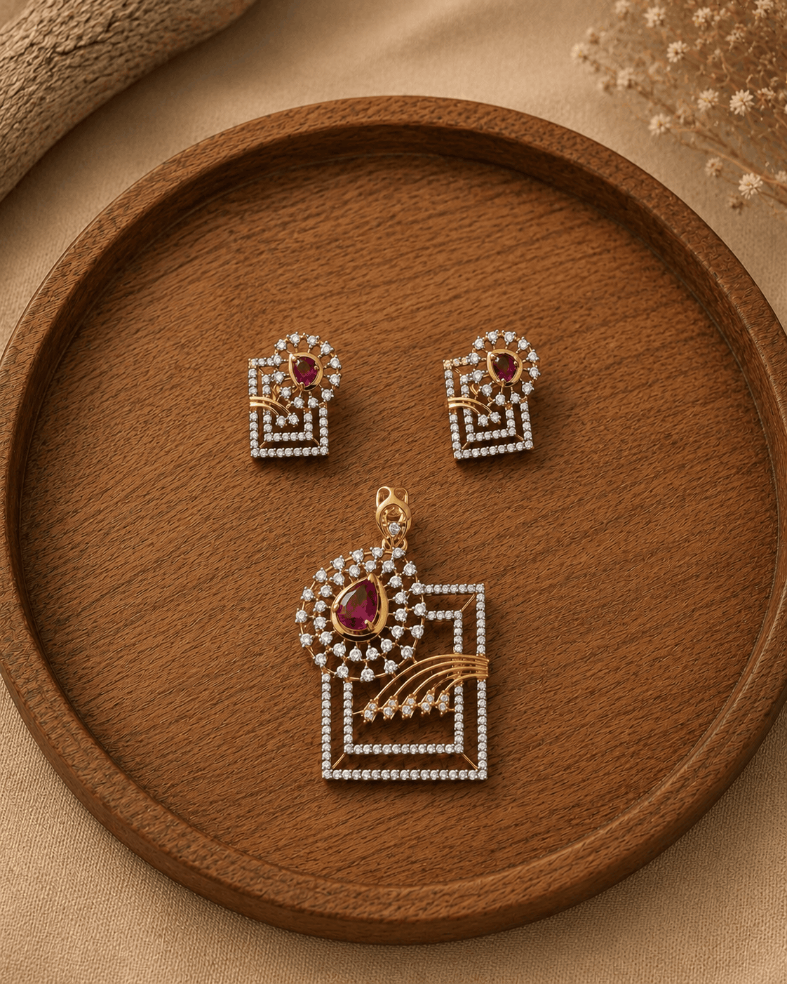 Gold-tone ruby red pendant and stud earring set with square lattice and halo stones