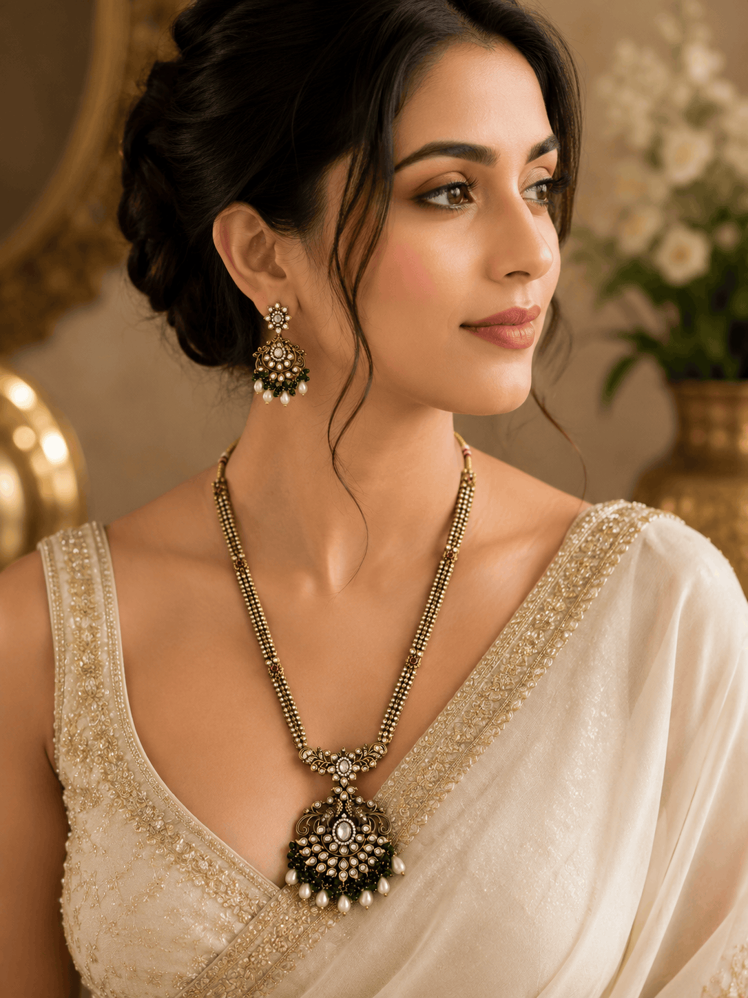 Gold-tone necklace set with emerald-green beaded pendant and matching drop earrings