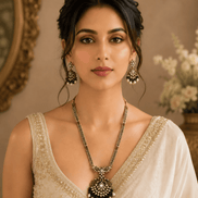Gold-tone necklace set featuring an emerald-green beaded center pendant with dangling earrings