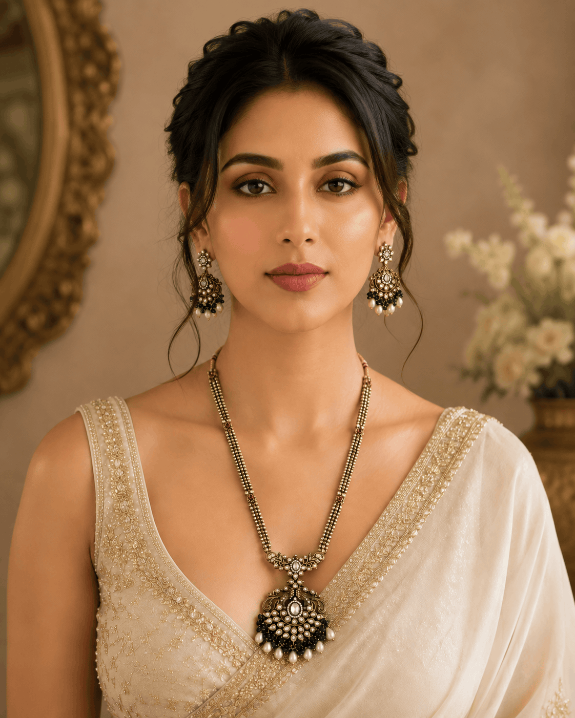 Gold-tone necklace set featuring an emerald-green beaded center pendant with dangling earrings