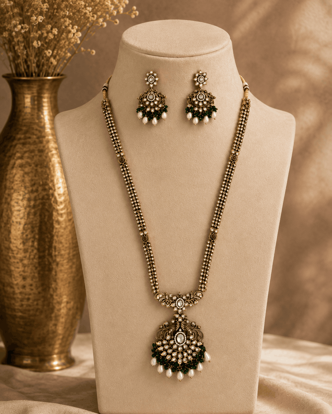 Gold-tone necklace set with emerald-green beaded pendant and matching stud drop earrings