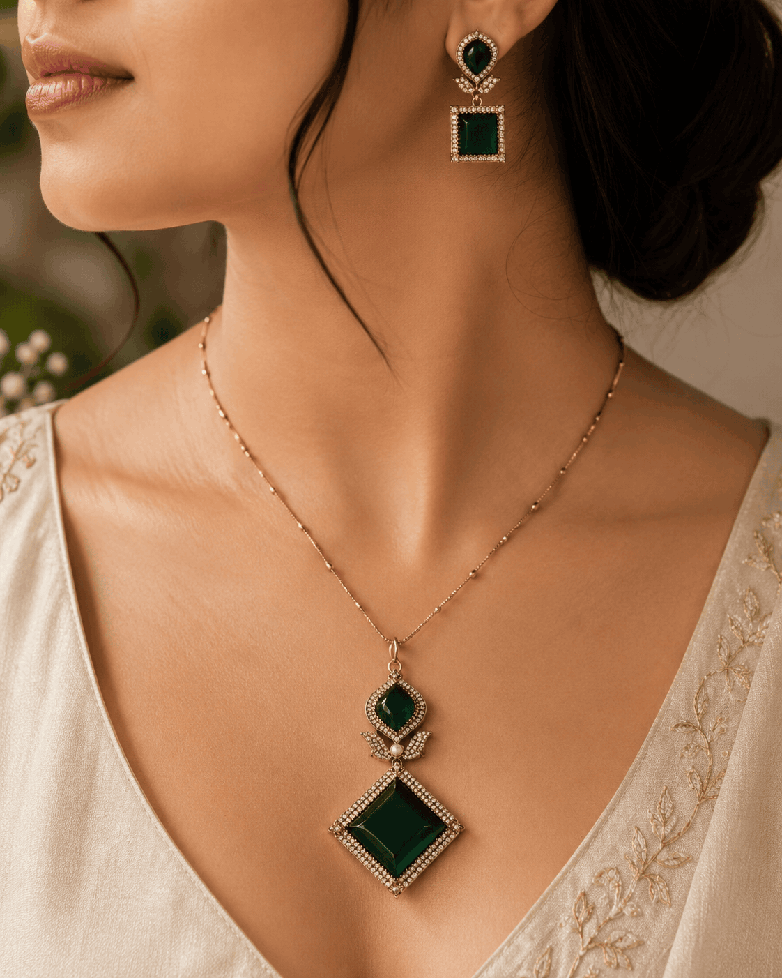 Gold pendant necklace set with emerald green teardrop and diamond pendant on model