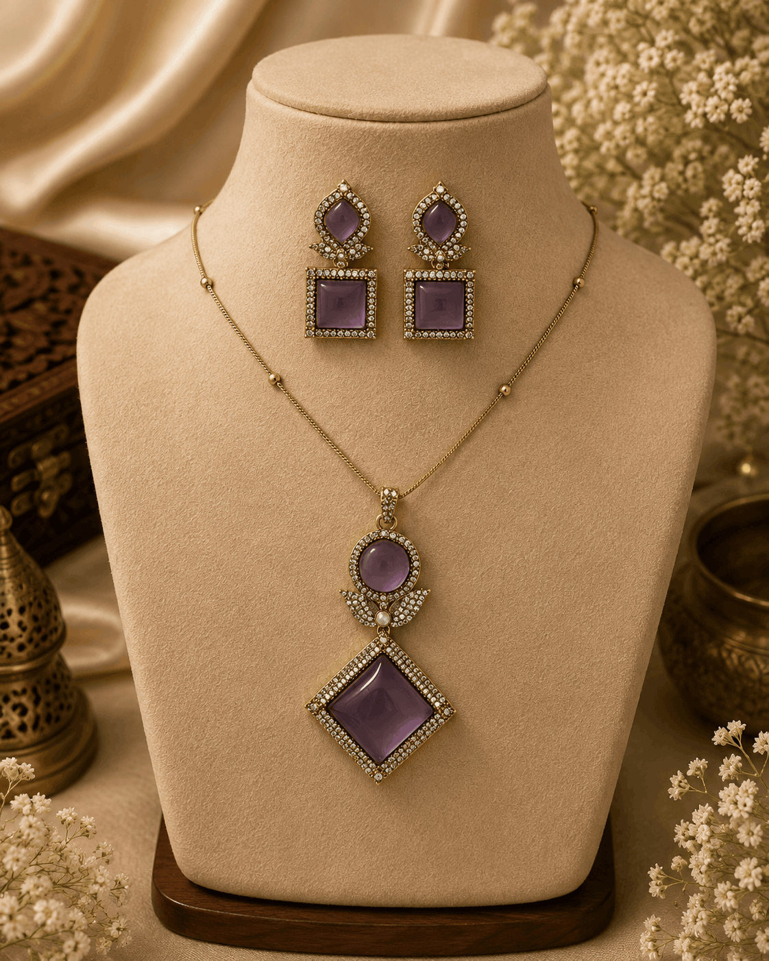 Gold pendant necklace set with purple square earrings and marquise diamond pendant