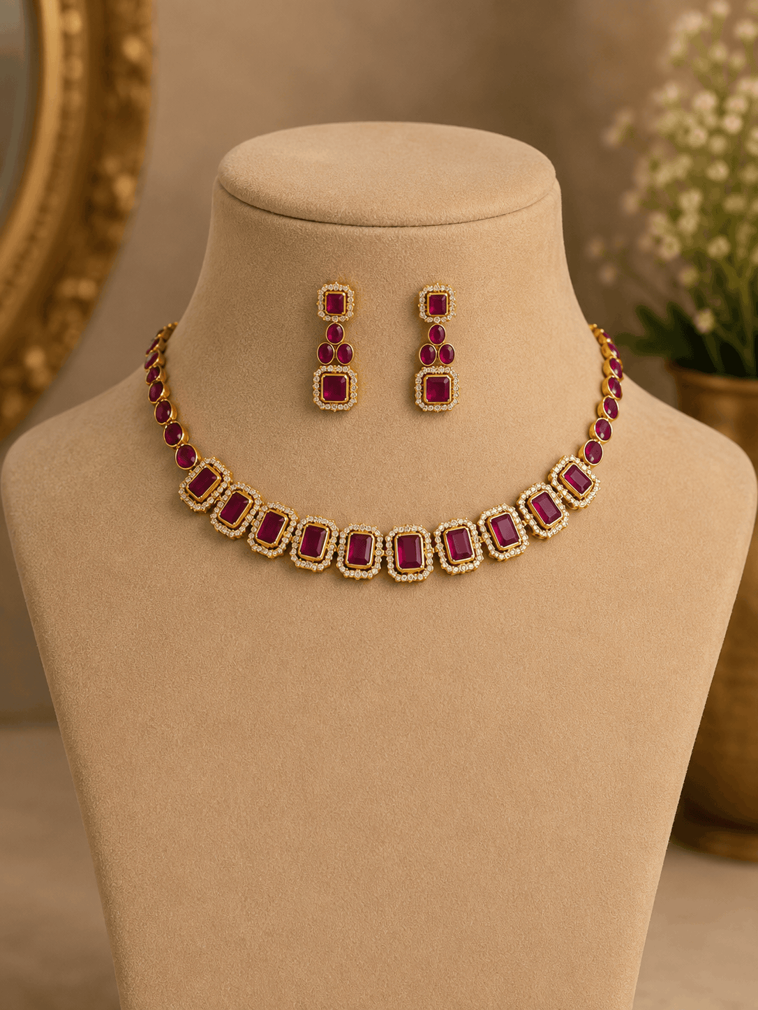 Gold-tone necklace with red and green square stones and matching stud earrings