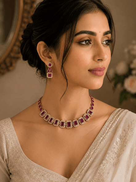 Gold-tone necklace with red and green gemstone squares and matching stud earrings
