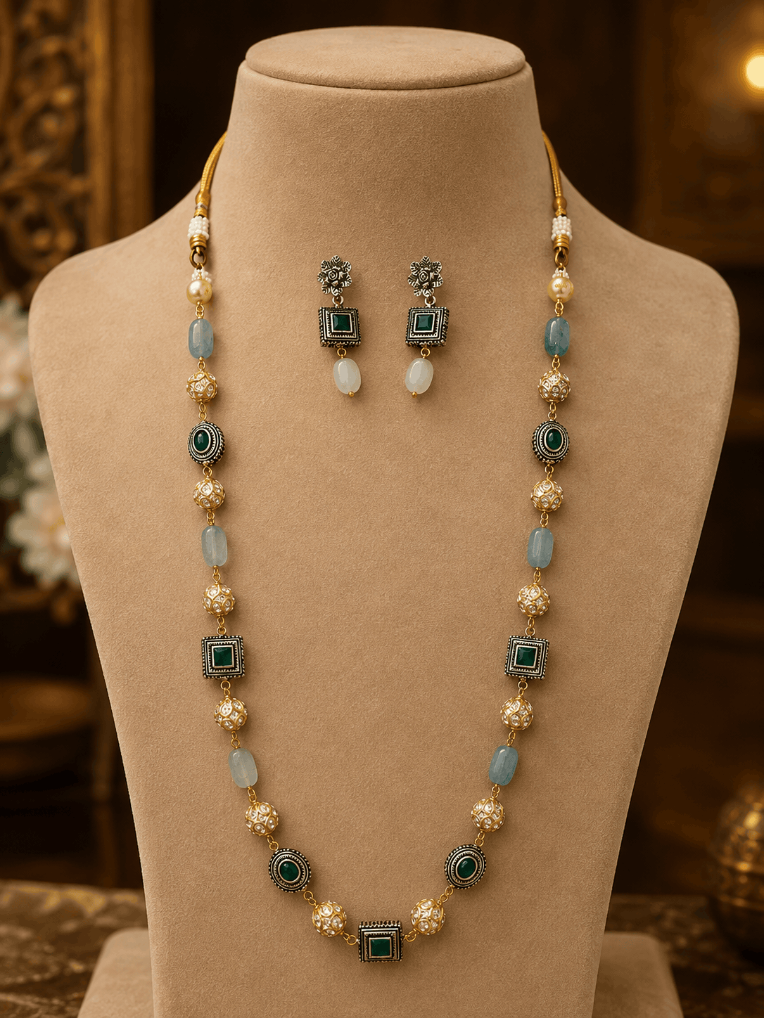 Gold-tone mala necklace with teal square pendants and matching double-drop stud earrings