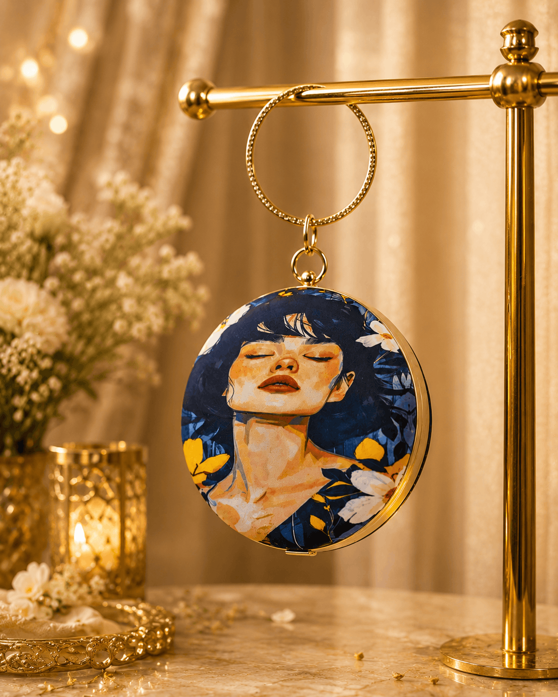 Round blue illustrated clutch bag with gold-tone chain and dangling portrait charm