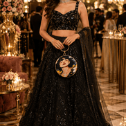 Round blue illustrated clutch bag with gold-tone chain, worn with black embellished dress