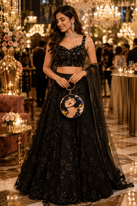 Round blue illustrated clutch bag with gold-tone chain, worn with black embellished dress