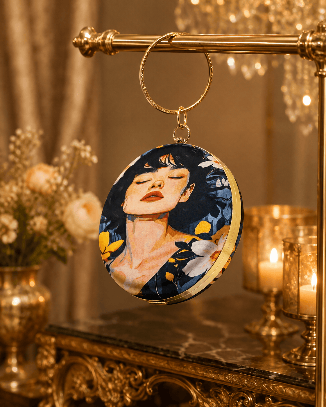 Round blue illustrated clutch bag with gold-tone chain and portrait front
