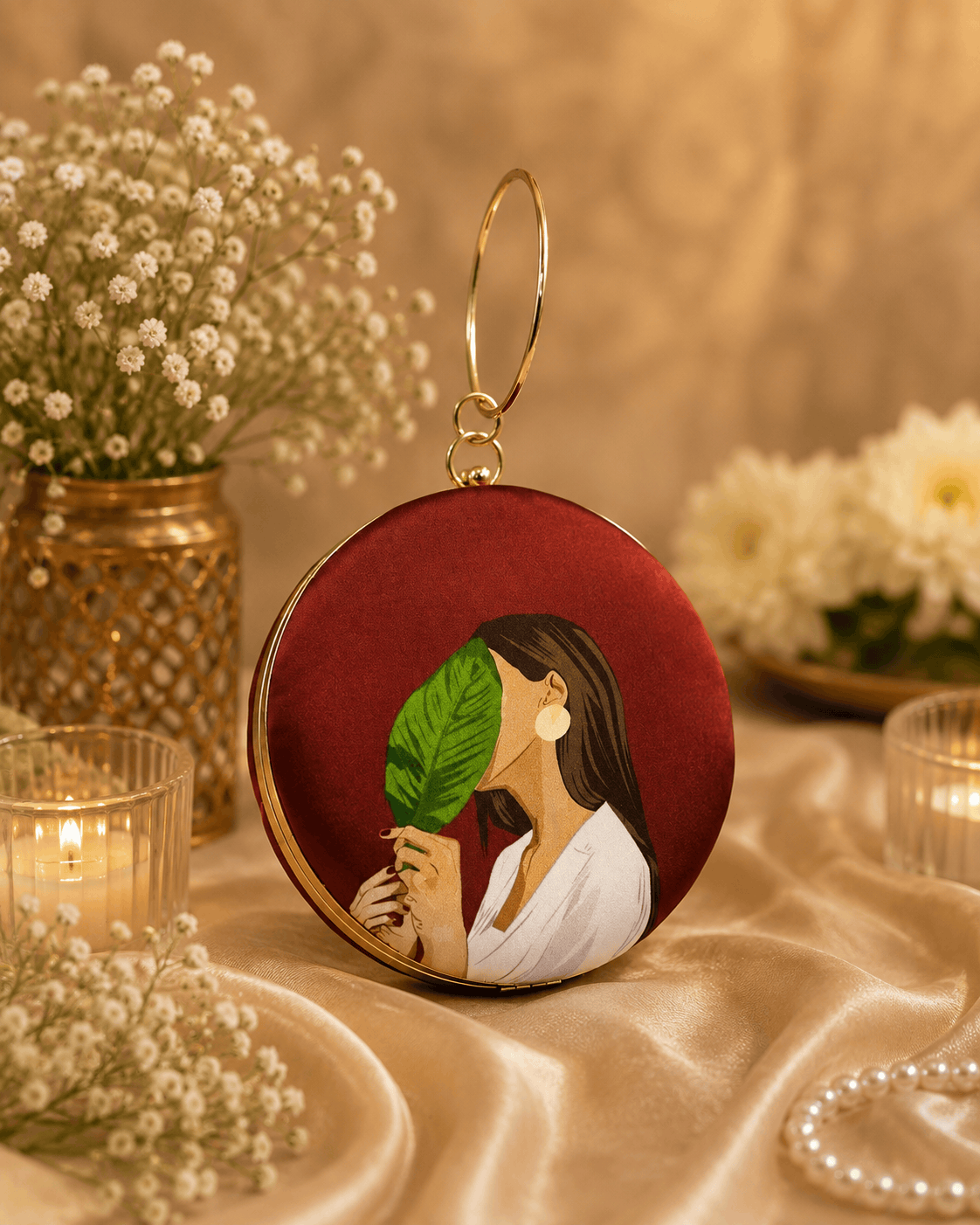 Round maroon illustrated clutch bag with gold-tone chain and leaf portrait front
