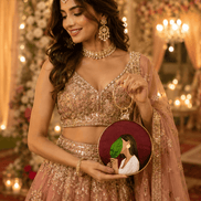 Round maroon illustrated clutch bag with gold-tone chain, leaf and woman portrait