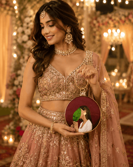 Round maroon illustrated clutch bag with gold-tone chain, leaf and woman portrait