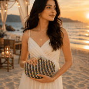 Multicolor beaded clutch pouch with gold-tone clasp and chain handle