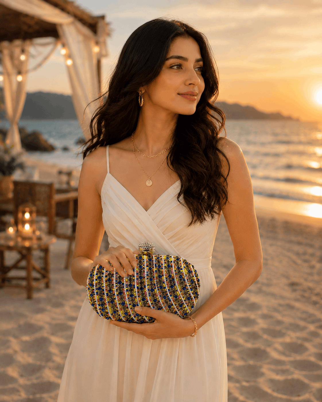 Multicolor beaded clutch pouch with gold-tone clasp and chain handle