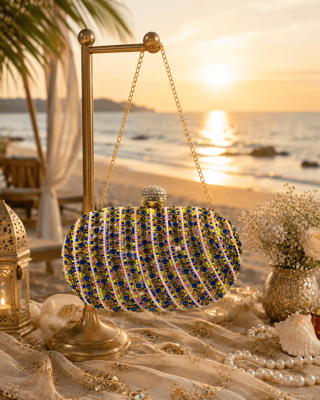 Multicolor beaded oval clutch with gold-tone clasp and hanging gold chain