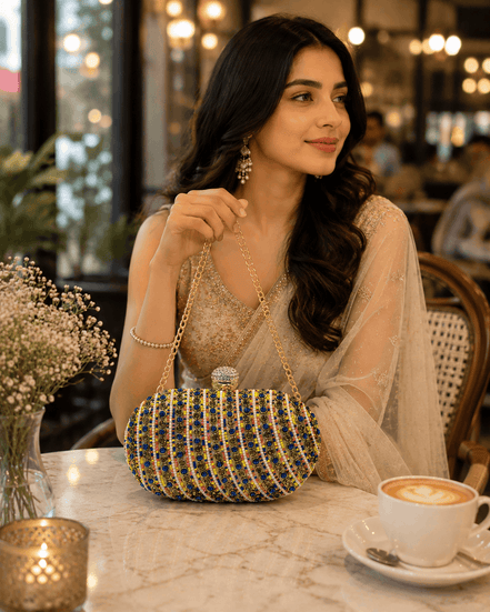 Multicolor beaded clutch with gold-tone top clasp and chain handle, held on table