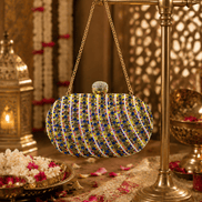 Multicolor beaded clutch purse with round shape, chain handle, and bead ball clasp