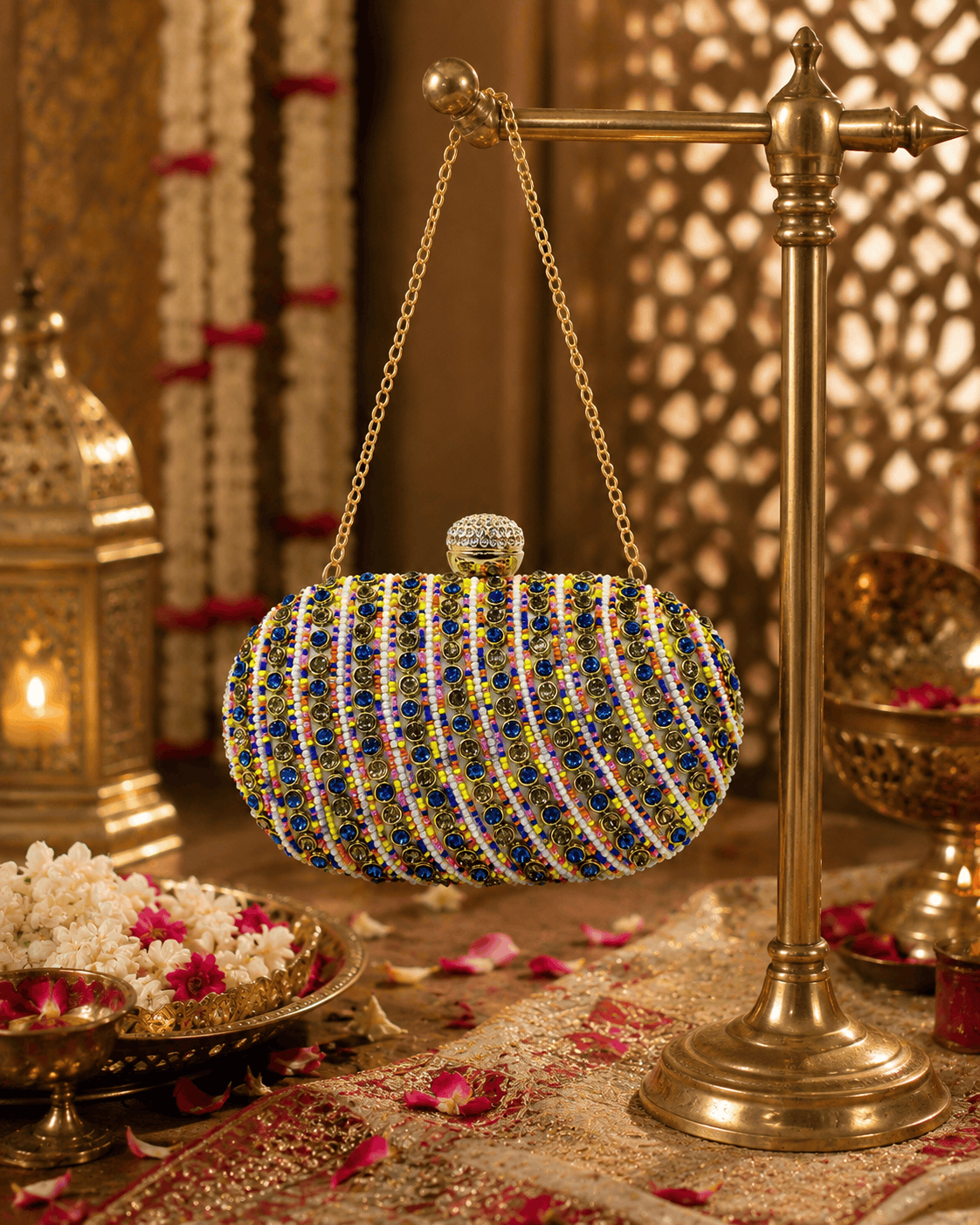Multicolor beaded clutch purse with round shape, chain handle, and bead ball clasp