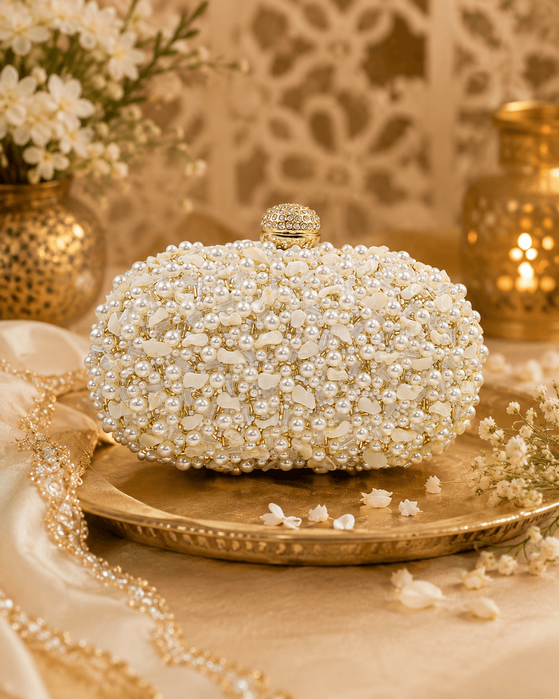 Cream-white pearl beaded clutch with gold-tone top clasp and beaded rows
