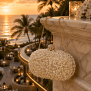 White pearl beaded clutch with gold-tone top clasp and long gold chain handle