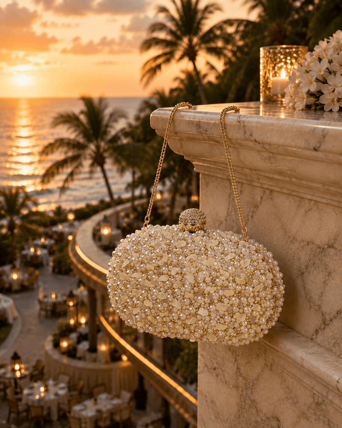 White pearl beaded clutch with gold-tone top clasp and long gold chain handle