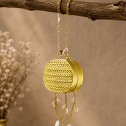 Gold round mesh clutch with pearl tassels and long chain handle