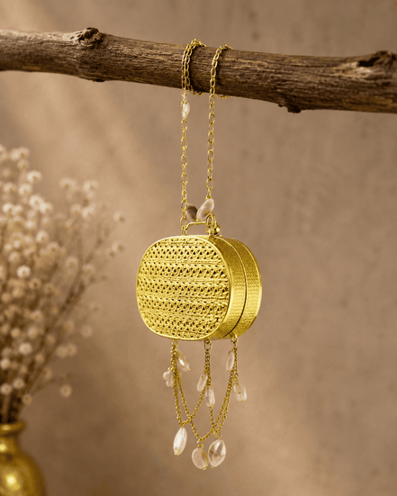 Gold round mesh clutch with pearl tassels and long chain handle