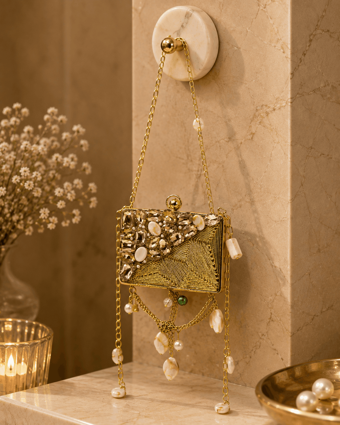 Gold beaded rectangular clutch bag with textured panel, pearl drops, and long chain