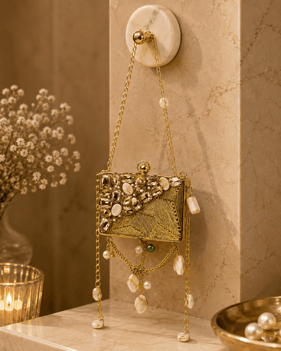 Gold beaded rectangular clutch bag with textured panel, pearl drops, and long chain