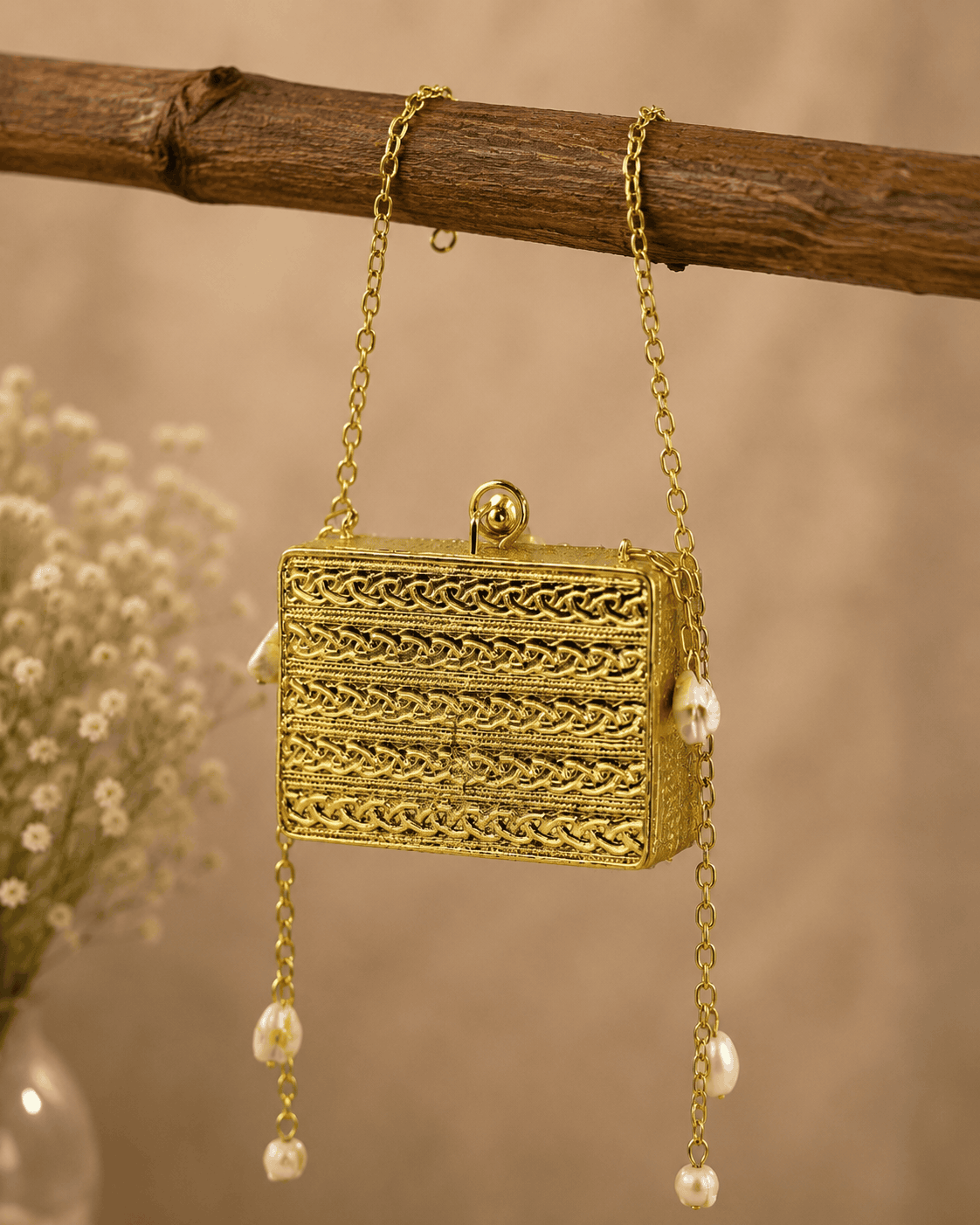 Gold textured rectangular clutch with decorative beading and dangling pearl chain