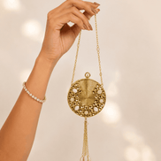 Gold round beaded clutch with pearl tassel and long chain strap