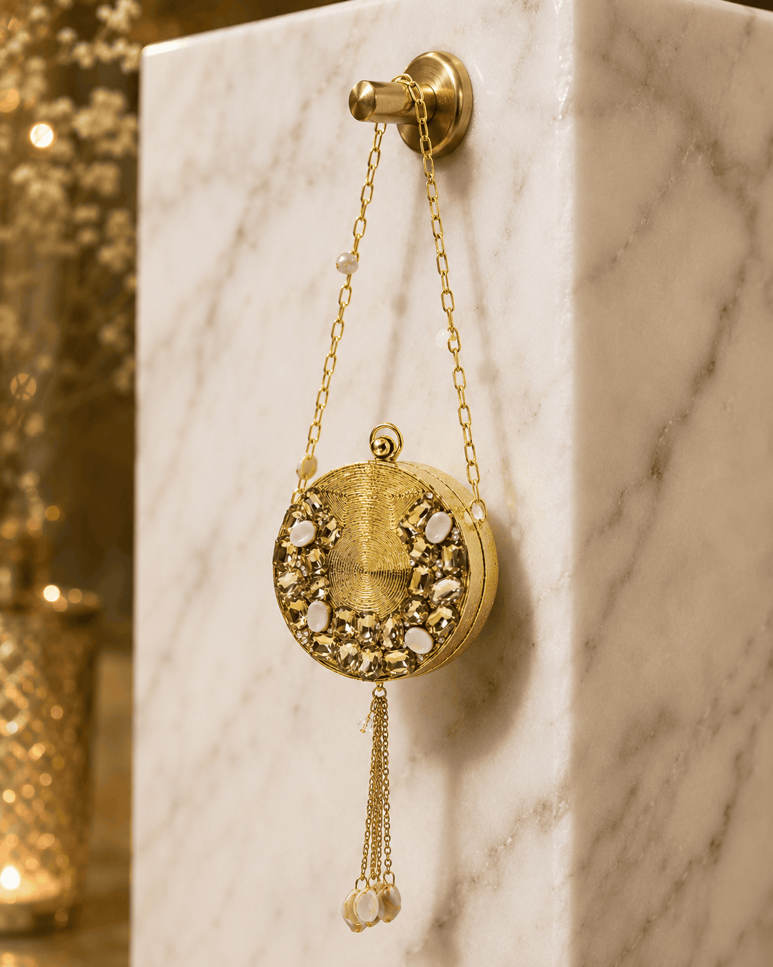 Gold round beaded clutch with pearl tassel chain and textured front panel