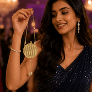 Gold round clutch in hand with pearl tassel chain and ornate beaded front